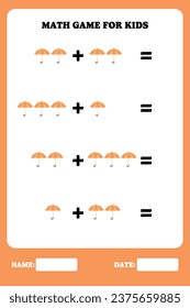 Página de adición para niños. Juego educativo de matemáticas para niños con paraguas. Diseño de hoja de cálculo imprimible. Aprender matemático.