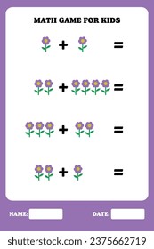 Addition page for kids. Educational math game for children with flower. Printable worksheet design. Learning mathematic.