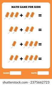 Seite für Kinder hinzufügen. Erziehungsmathematik für Kinder mit Blatt. Druckbares Arbeitsblattdesign. Mathematisches Lernen.