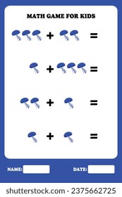 Addition page for kids. Educational math game for children with jellyfish. Printable worksheet design. Learning mathematic.