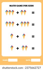 Addition page for kids. Educational math game for children with ice cream. Printable worksheet design. Learning mathematic.