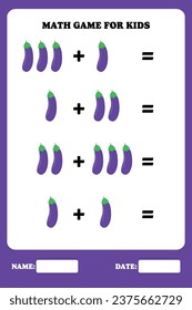 Página de adición para niños. Juego educativo de matemáticas para niños con berenjenas. Diseño de hoja de cálculo imprimible. Aprender matemático.