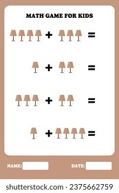 Addition page for kids. Educational math game for children with lamp. Printable worksheet design. Learning mathematic.