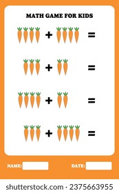 Addition page for kids. Educational math game for children with carrot. Printable worksheet design. Learning mathematic.