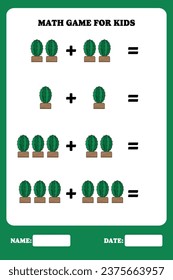 Addition page for kids. Educational math game for children with cactus. Printable worksheet design. Learning mathematic.