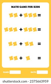 Addition page for kids. Educational math game for children with cheese. Printable worksheet design. Learning mathematic.