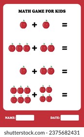 Addition page for kids. Educational math game for children with apple. Printable worksheet design. Learning mathematic.