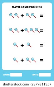 Seite für Kinder hinzufügen. Erziehungsmathematik für Kinder mit Lupe. Druckbares Arbeitsblattdesign. Mathematisches Lernen.