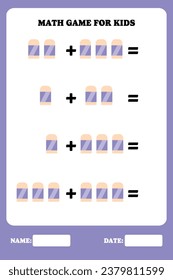 Página de adición para niños. Juego educativo de matemáticas para niños con borradores. Diseño de hoja de cálculo imprimible. Aprender matemático.