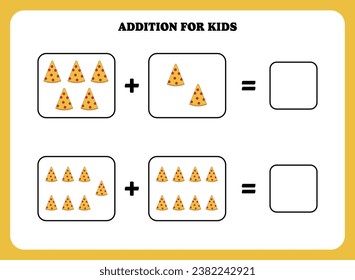 Addition page for kids. Educational math game for children with pizza. Printable worksheet design. Learning mathematic.