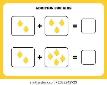 Addition page for kids. Educational math game for children with quince. Printable worksheet design. Learning mathematic.