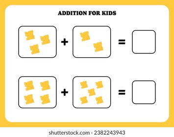 Página de adición para niños. Juego educativo de matemáticas para niños con queso. Diseño de hoja de cálculo imprimible. Aprender matemático.