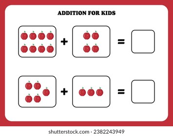 Addition page for kids. Educational math game for children with apple. Printable worksheet design. Learning mathematic.