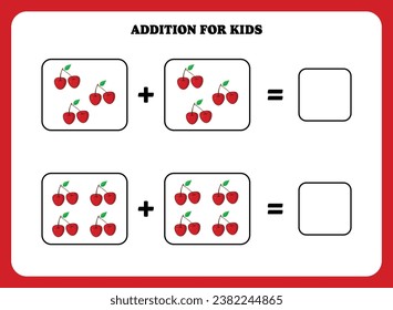Addition page for kids. Educational math game for children with cherry. Printable worksheet design. Learning mathematic.