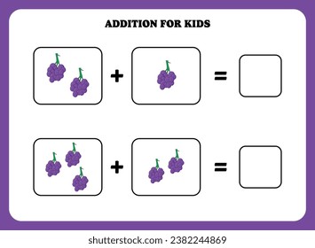  Addition page for kids. Educational math game for children with grape. Printable worksheet design. Learning mathematic.