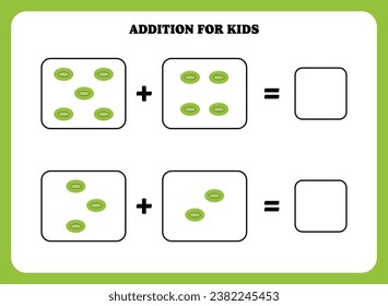 Addition page for kids. Educational math game for children with kiwi. Printable worksheet design. Learning mathematic.