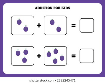 Addition page for kids. Educational math game for children with plum. Printable worksheet design. Learning mathematic.