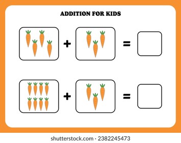Addition page for kids. Educational math game for children with carrot. Printable worksheet design. Learning mathematic.