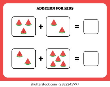 Página de adición para niños. Juego educativo de matemáticas para niños con sandía. Diseño de hoja de cálculo imprimible. Aprender matemático.