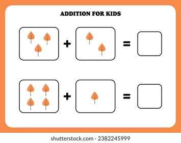 Addition page for kids. Educational math game for children with leaf. Printable worksheet design. Learning mathematic.