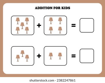 Página de adición para niños. Juego educativo de matemáticas para niños con lámpara. Diseño de hoja de cálculo imprimible. Aprender matemático.