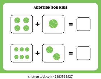 Página de adición para niños. Juego educativo de matemáticas para niños con pelota. Diseño de hoja de cálculo imprimible. Aprender matemático.