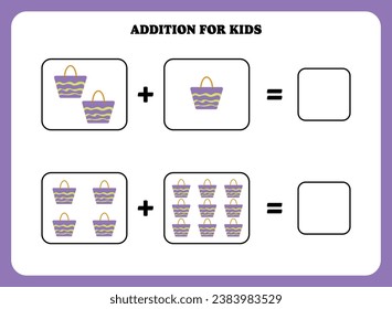 Página de adición para niños. Juego educativo de matemáticas para niños con bolso. Diseño de hoja de cálculo imprimible. Aprender matemático.