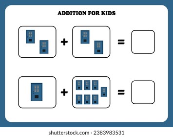 Seite für Kinder hinzufügen. pädagogisches Mathematikspiel für Kinder mit Tür. Druckbares Arbeitsblattdesign. Mathematisches Lernen.
