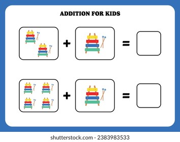 Página de adición para niños. Juego educativo de matemáticas para niños con xilófono. Diseño de hoja de cálculo imprimible. Aprender matemático.