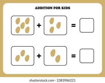 Addition page for kids. Educational math game for children with potato. Printable worksheet design. Learning mathematic.