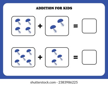 Addition page for kids. Educational math game for children with jellyfish. Printable worksheet design. Learning mathematic.