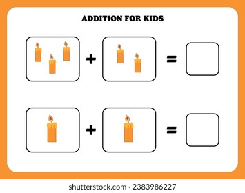 Página de adición para niños. Juego educativo de matemáticas para niños con velas. Diseño de hoja de cálculo imprimible. Aprender matemático.