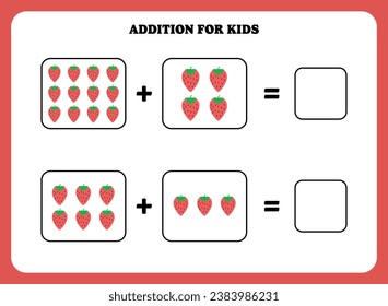 Seite für Kinder hinzufügen. Erziehungsmathematik für Kinder mit Erdbeere. Druckbares Arbeitsblattdesign. Mathematisches Lernen.