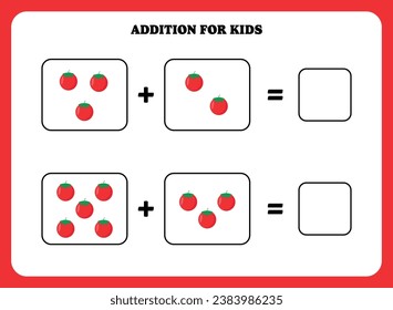 Página de adición para niños. Juego educativo de matemáticas para niños con tomate. Diseño de hoja de cálculo imprimible. Aprender matemático.