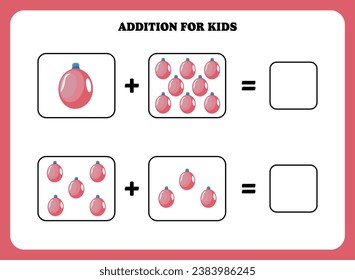 Addition page for kids. Educational math game for children with bottle. Printable worksheet design. Learning mathematic.