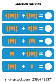 Addition page for kids. Educational math game for children with carrot. Printable worksheet design. Learning mathematic.