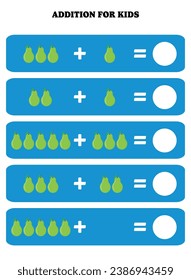 Addition page for kids. Educational math game for children with pear. Printable worksheet design. Learning mathematic.