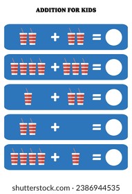 Addition page for kids. Educational math game for children with drink. Printable worksheet design. Learning mathematic.