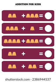 Addition page for kids. Educational math game for children with skirt. Printable worksheet design. Learning mathematic.