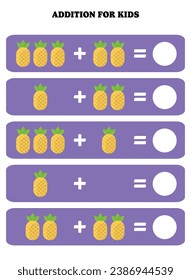 Página de adición para niños. Juego educativo de matemáticas para niños con piña. Diseño de hoja de cálculo imprimible. Aprender matemático.