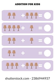 Addition page for kids. Educational math game for children with lamp. Printable worksheet design. Learning mathematic.