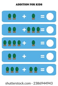 Addition page for kids. Educational math game for children with cactus. Printable worksheet design. Learning mathematic.
