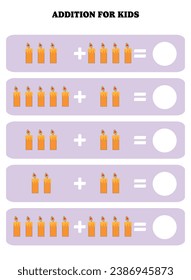 Addition page for kids. Educational math game for children with candle. Printable worksheet design. Learning mathematic.