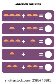 Addition page for kids. Educational math game for children with umbrella. Printable worksheet design. Learning mathematic.