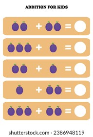 Addition page for kids. Educational math game for children with plum. Printable worksheet design. Learning mathematic.