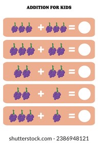 Addition page for kids. Educational math game for children with grape. Printable worksheet design. Learning mathematic.