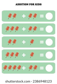 Addition page for kids. Educational math game for children with leaf. Printable worksheet design. Learning mathematic.