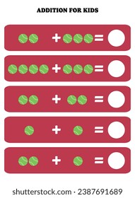 Página de adición para niños. Juego educativo de matemáticas para niños con pelota de tenis. Diseño de hoja de cálculo imprimible. Aprender matemático.