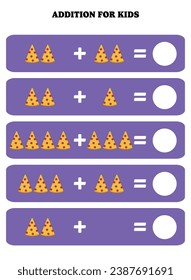Addition page for kids. Educational math game for children with pizza slice. Printable worksheet design. Learning mathematic.