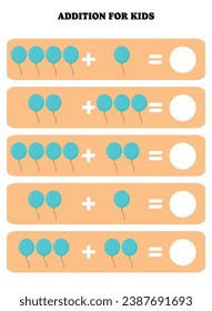 Seite für Kinder hinzufügen. pädagogisches Mathespiel für Kinder mit Ballon. Druckbares Arbeitsblattdesign. Mathematisches Lernen.